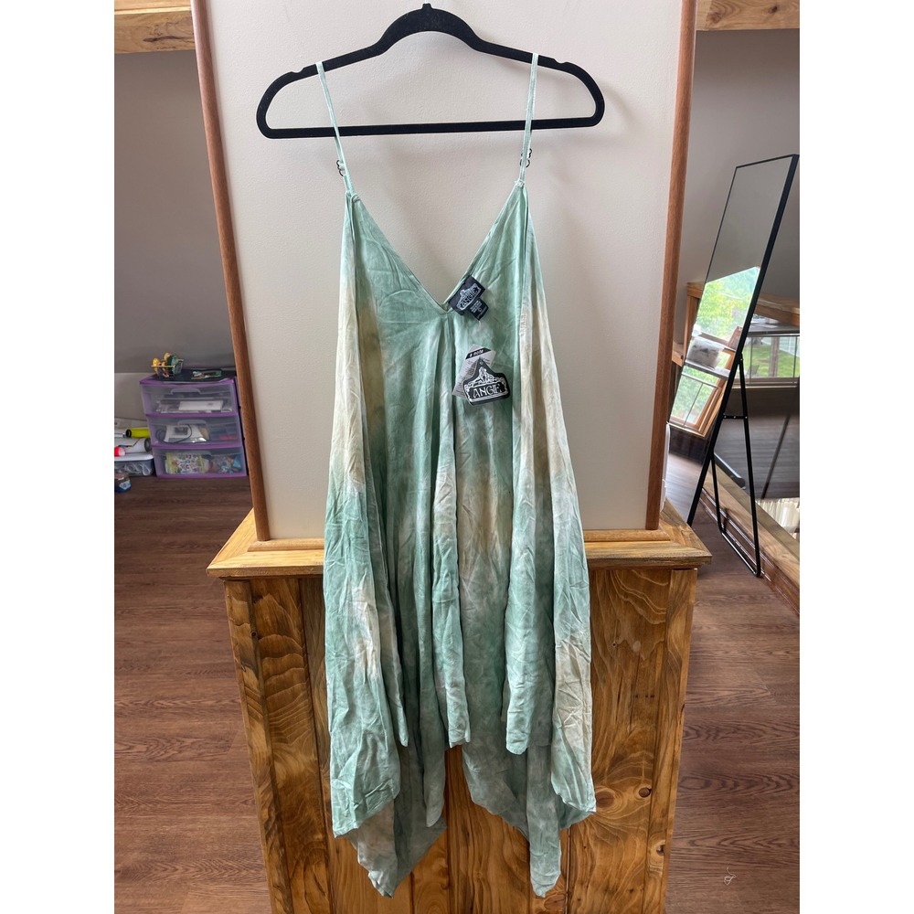 Angie Jumpsuit Womens Large Green New Tie Dye Boho Adjustable Strap Rayon Pocket